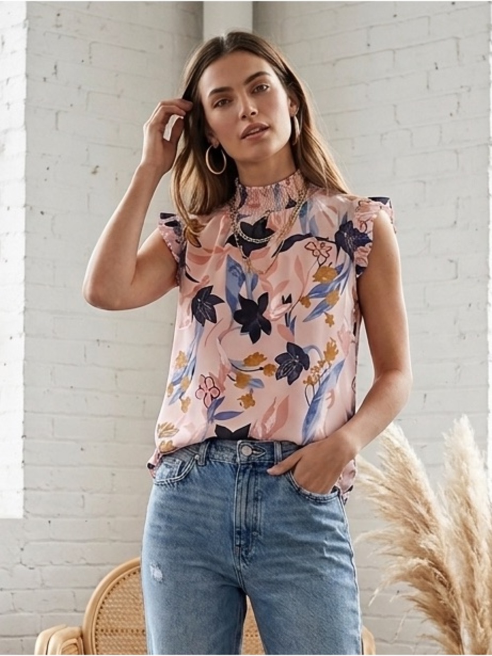 J.Crew Floral Mock Neck Sheer Overlay Ruffle Tank Top Blouse